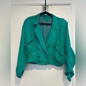 VTG 80s Valentino Teal Silk Designer Cropped Lightweight Blazer Bomber 
Jacket.